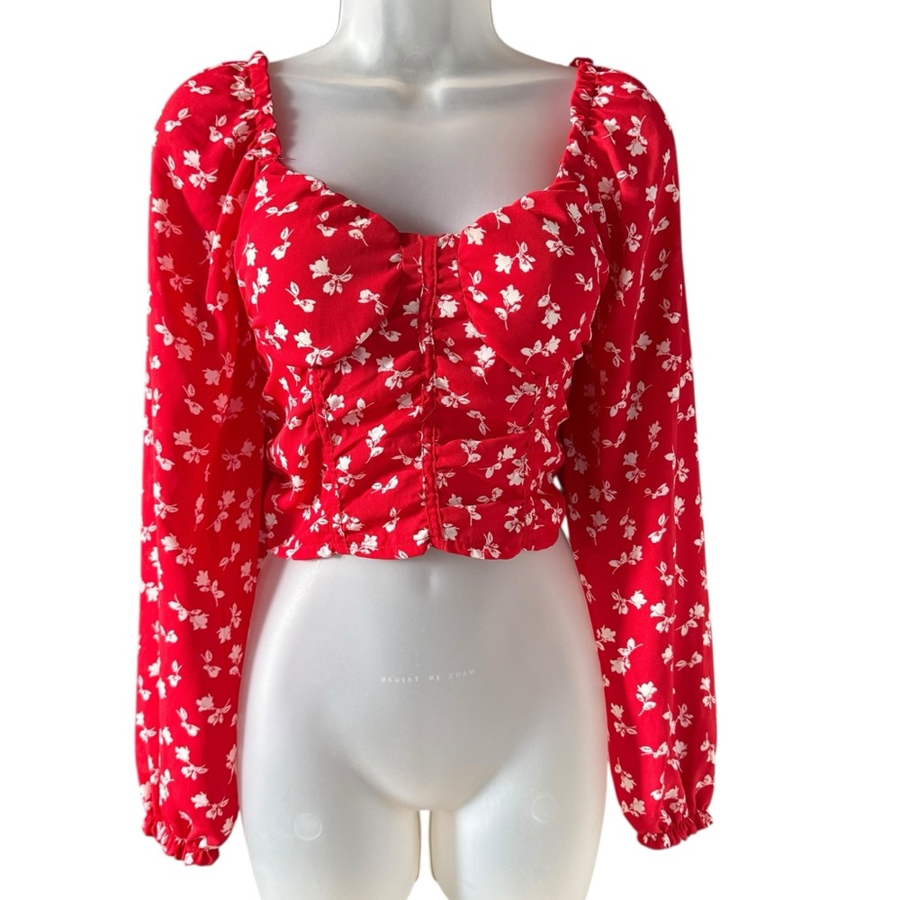 Madden NYC Red Floral Corset Crop Top Smocked Back Long Sleeve Milkmaid M ❤️